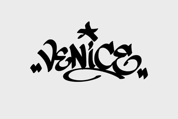 Graffiti tag text “Venice” in bold street art style. Hand-drawn vector lettering with beachside urban flair. Isolated on white background, perfect for design, apparel, or digital use.