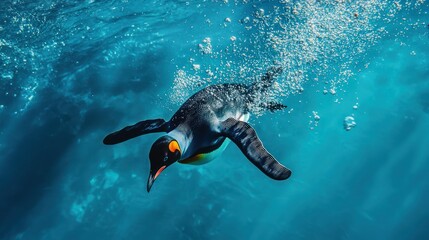 Fototapeta premium Penguin swimming underwater, bubbles, vibrant blue water