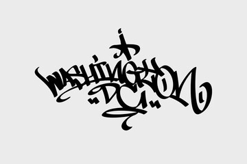 Washington DC graffiti tag in bold, urban street art style. This vibrant vector design on a white...
