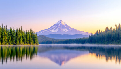 Serene sunrise over a snow-capped mountain reflected in a calm lake, framed by evergreen trees