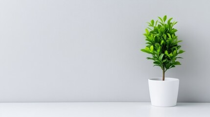 A small potted plant with lush green leaves sitting on a white surface against a minimalist grey wall, and modern interior decor concept.