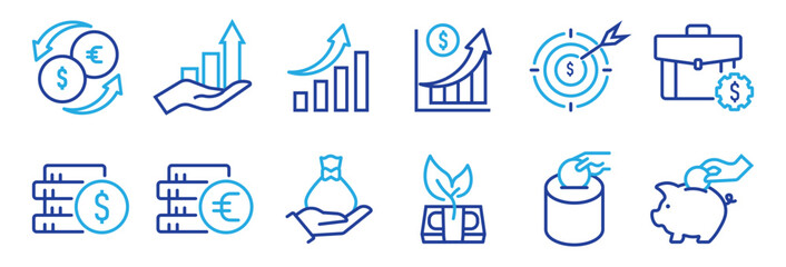 Investment line icons, such as economy, financial growth, profit and more. Vector illustration. Easily changes to any color.