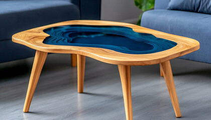 Unique organic coffee table with blue resin inlay and light wood legs