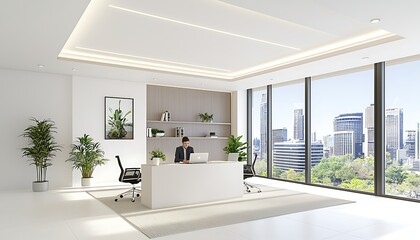 Modern office with city view, and woman works.