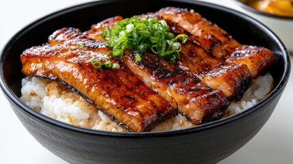 Authentic Japanese unagi don grilled eel over rice on an ideal white background.