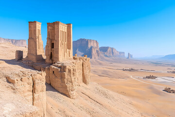 Ancient desert ruins on clifftop overlooking vast landscape under bright sun