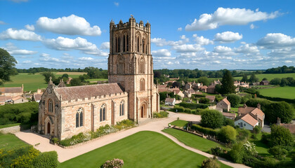 Fototapeta premium Aerial view of a stone church and quaint village under a sunny sky