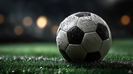 Wet soccer ball on grassy field under lights