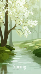 Obraz premium Lush greenery and blossoming white flowers frame a tranquil stream, embodying the serene beauty of spring in a peaceful landscape