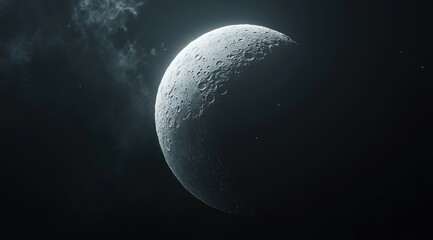 Crescent moon in deep space.  A half-moon bathed in starlight,  amidst a dark, star-studded cosmos, with ethereal clouds