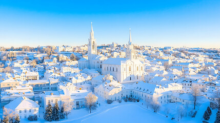 Obraz premium Panoramic aerial view of a snow-covered European town with prominent white churches under a vibrant blue sky