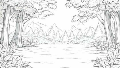 Sketch of a tranquil forest scene with mountains in the background