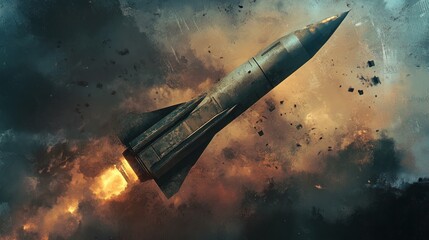 Obraz premium Missile launch through debris field, fiery trail.