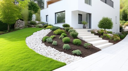 Obraz premium Modern white house with a professionally landscaped front yard, featuring a lush green lawn, mulched garden bed, and concrete stairs.