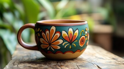A beautifully crafted Mexican clay coffee cup, its rich, earthy tones and intricate hand-painted designs making it a perfect vessel for aromatic coffee