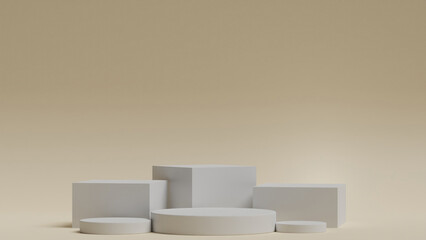 6 Empty 3D white mix cylinder and rectangle podium set background with yellow soft background