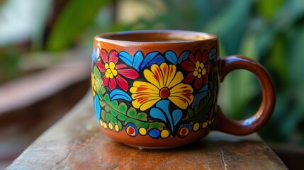 A beautifully crafted Mexican clay coffee cup with a glazed finish, featuring vibrant floral patterns, perfect for enjoying a rich and aromatic coffee