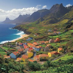 Fototapeta premium Vibrant coastal village nestled amongst lush mountains and a beautiful ocean view. Colorful houses, rolling hills, and a dramatic coastline