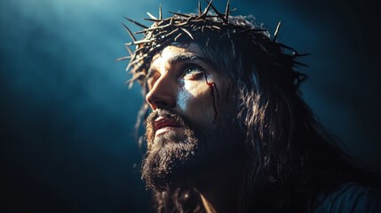 Obraz premium A solemn figure gazes upwards, adorned with a crown of thorns. Shadows dance around, creating an atmosphere rich in emotion and significance, reflecting themes of sacrifice and redemption
