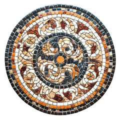 Obraz premium Circular mosaic tile artwork featuring swirling patterns in earth tones and dark accents