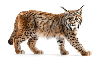 Eurasian Lynx (Lynx lynx) walking, side view profile, isolated on a clean white background. Wild cat portrait showcasing spotted fur and focused gaze.
