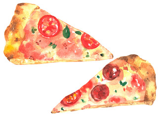 Slice of Italian pizza with tomatoes, sauce and basil. Triangular slice of pizza. Sliced pizza. Watercolor isolated illustration, hand drawn. For printing on menu, delivery, restaurants, social