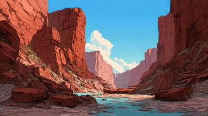 Grand Canyon landscape illustration with river and blue sky, evoking adventure and natural beauty. Perfect for travel posters, website backgrounds, and editorial illustrations. © Randes