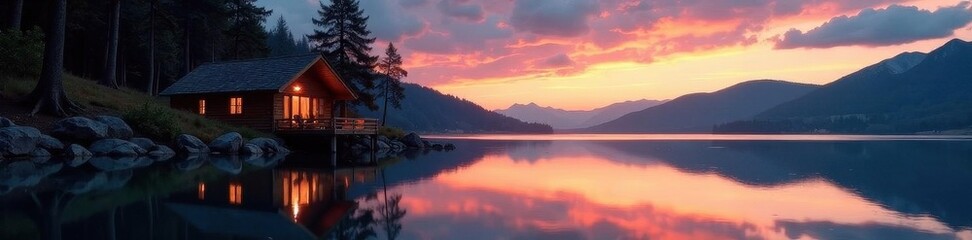 Fototapeta premium Lakeside cabin glows warmly at sunrise; still water mirrors the sky , glowing, woods