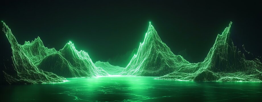 3D rendered abstract grid neon topography Futuristic green mountain landscape at night