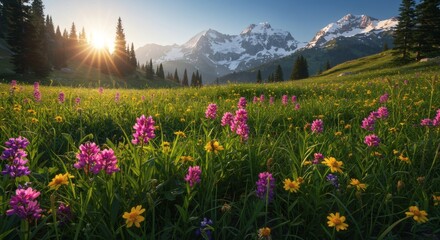 Sunlit meadow with wildflowers and distant snow capped mountains in scenic landscape view scene
