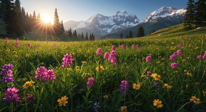 Sunlit meadow with wildflowers and distant snow capped mountains in scenic landscape view scene - Powered by Adobe