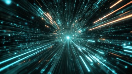 Fototapeta premium Abstract tunnel of light and glowing particles travels towards center