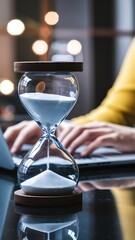 Time slipping away hourglass on desk person working on laptop soft light blurred background