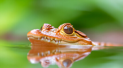 Close-up of a reddish-brown young crocodile's head emerging from calm water, reflected in the surface