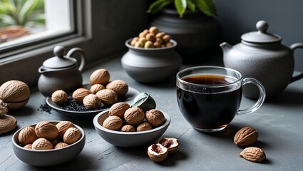 Calm mornings shaped by ceramics nuts and deep black tea