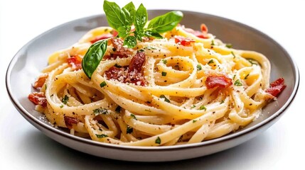 Classic Italian carbonara pasta with crispy pancetta on an ideally white background.