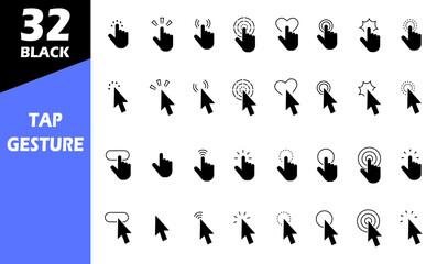 Pointer and hand finger tap gesture slide left and right black solid pictogram icons. Swipe and drag silhouette icons.