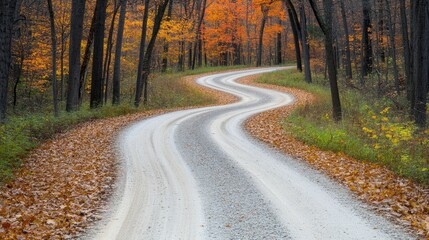 Fototapeta premium Forest road winding through autumn foliage under golden light for scenic travel design