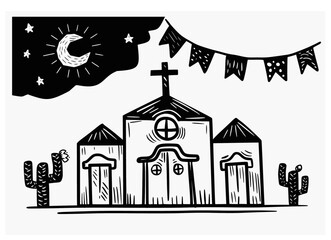 Woodcut-style illustration of a small countryside church at night, surrounded by cacti, flags, and a starry sky with crescent moon — a poetic scene of Brazilian rural life.