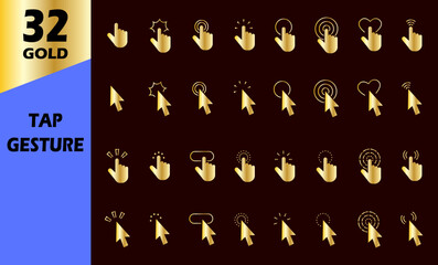 Pointer and hand finger tap gesture slide left and right gold solid pictogram icons. Smartphone navigation.