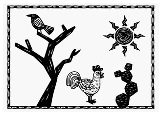 Woodcut-style illustration of a rooster in the dry countryside with a cactus, bird on a tree, and bright sun — evoking the rustic charm of Brazil’s Hintland.
