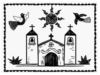 Folk woodcut illustration of a small rural church with two towers, flying birds, and a radiant sun, capturing the spirit of Brazilian countryside faith and tradition.