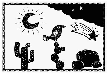 Rustic woodcut-style illustration of a Northeastern Brazilian night scene with cactus, moon, shooting star, bird on rocks, and desert elements in folk art style.