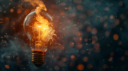 Fiery lightbulb explosion concept representing intense creative energy, innovation, or power, with dynamic sparks and smoke against a dark bokeh background.
