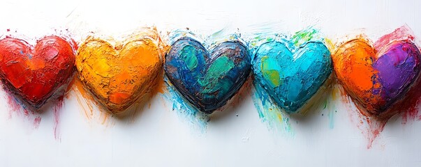 Colorful distressed hearts with textured brush strokes, set against a minimalist white backdrop, artistic and expressive composition, soft shadows, 8K clarity