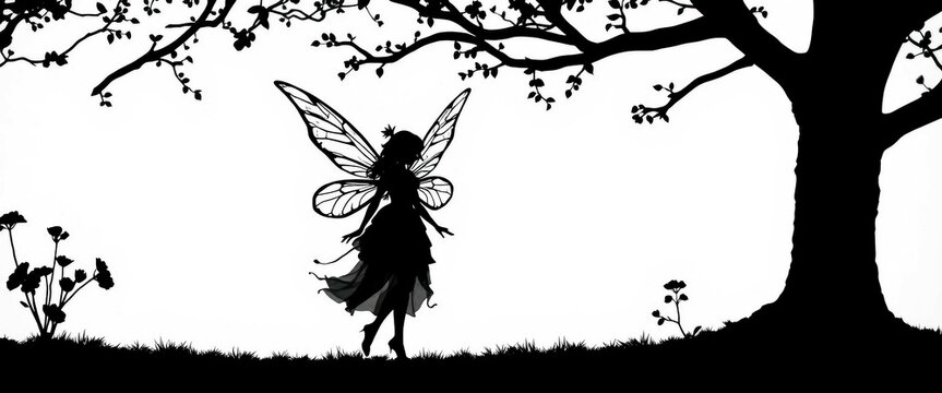 Schwarze Feensilhouette unter einem Baum auf wei&szlig;em Hintergrund &ndash; m&auml;rchenhafte Szene f&uuml;r Kinderb&uuml;cher, Wanddeko oder magische Designprojekte.