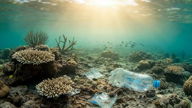 Underwater Scene Showing Plastic Bottle Debris Amongst Coral Reefs