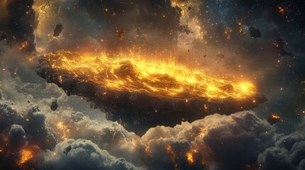 Fototapeta premium Fiery celestial island floating in cosmic nebulous space