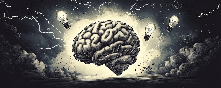Human brain exploding with ideas, lightning, lightbulb.