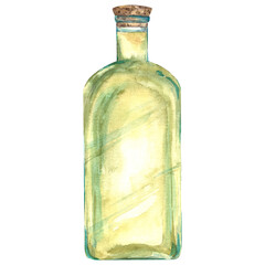 Glass green bottle rectangular with a neck and a cork. Glass bottle with oil. Olive oil bottle. Watercolor isolated illustration hand drawn. For printing on menus, delivery, restaurants, social